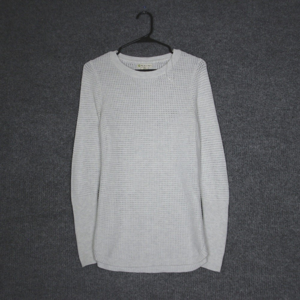 AKINI Womens White Textured Knit Sweater Side Zip Long Sleeve Crew Neck Size S